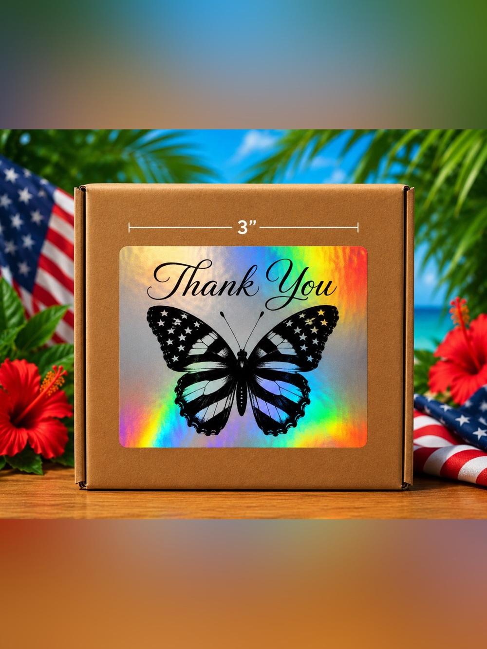 Patriotic Holographic Butterfly Thank You Stickers 3”x3”-100ct. New